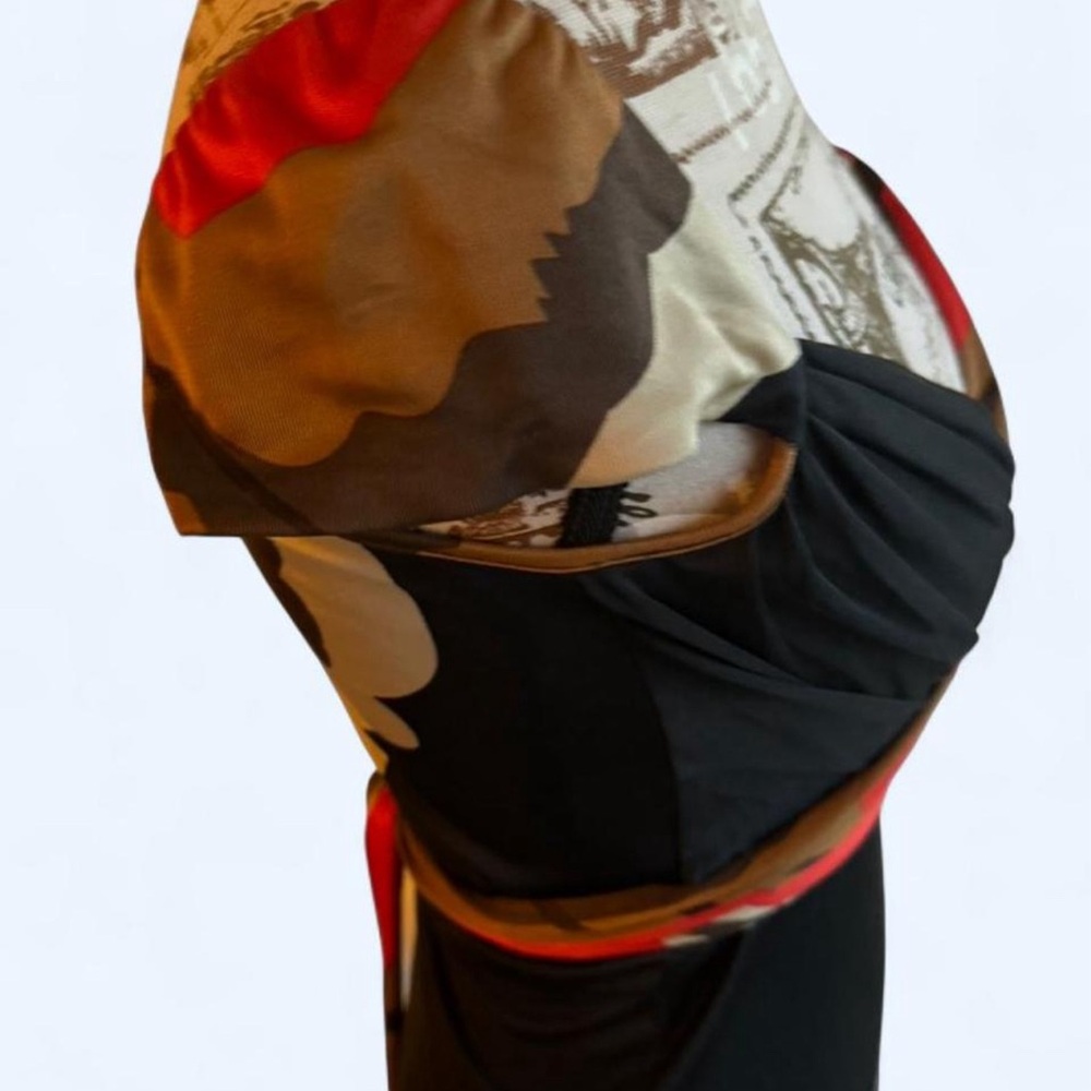 Issa London designer 100% Silk Red, Brown & Black Wrap Midi Dress - Picture 5 of 7